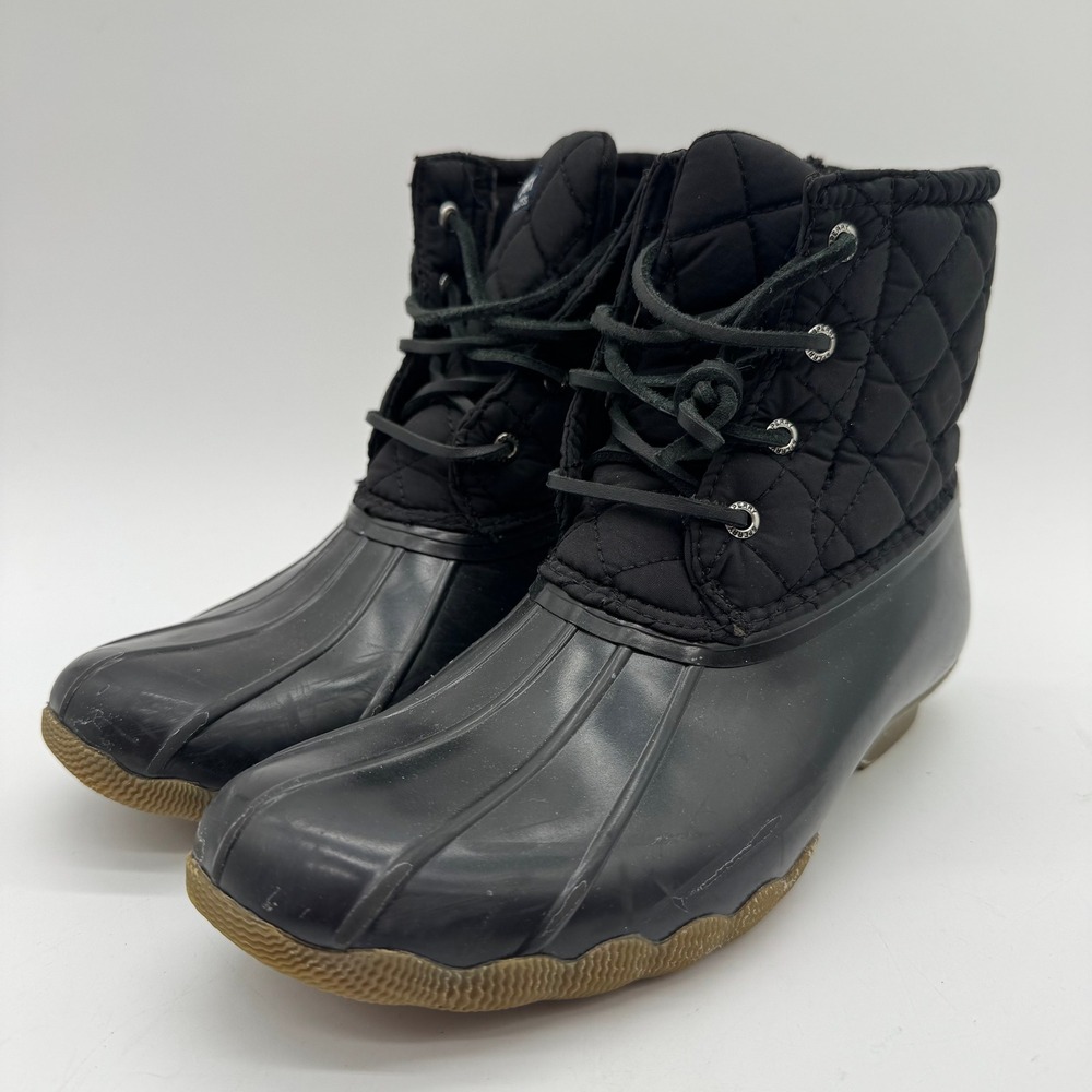 Sperry Saltwater Duck Boots Girls Youth US 5M Black Quilted Lace Up Ankle Boots